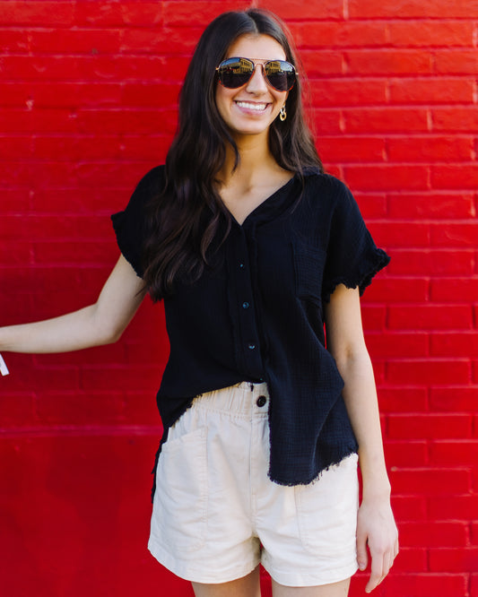 Vibe Check Button Down Top in Black