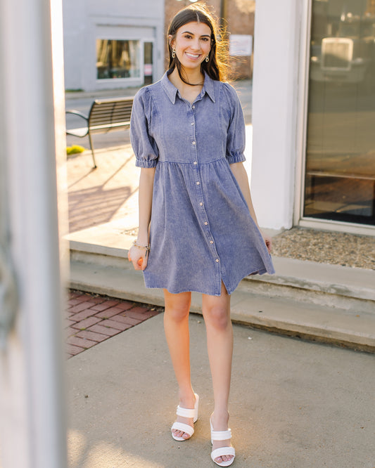 Across The World Mineral Wash Mini Dress In Blue