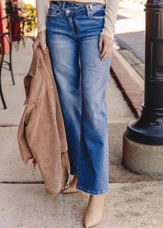 Risen Mid Rise Crossover Wide Leg Jeans
