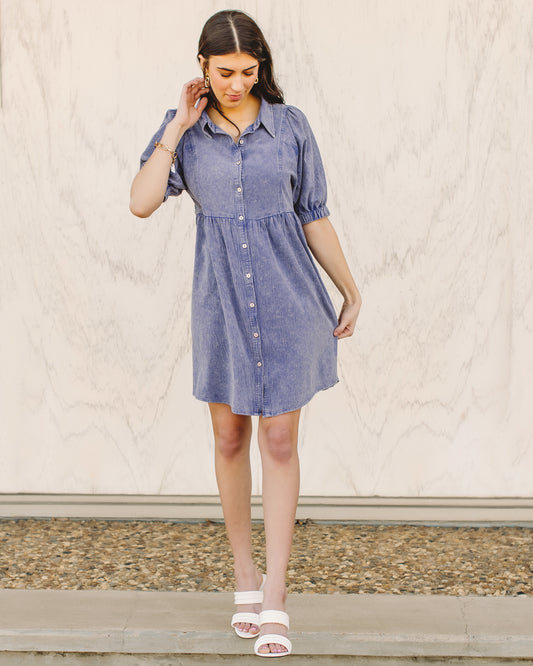 Across The World Mineral Wash Mini Dress In Blue