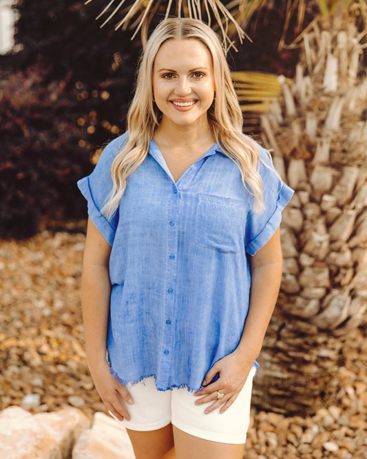 Happy Energy Button Down Top in Blue