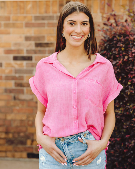 Happy Energy Button Down Top in Pink