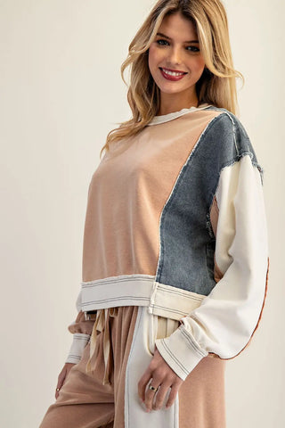 Color Block Long Sleeve Pullover - Cinnamon