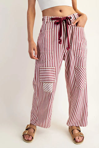 Striped Drawstring Barrel Pants - Raspberry
