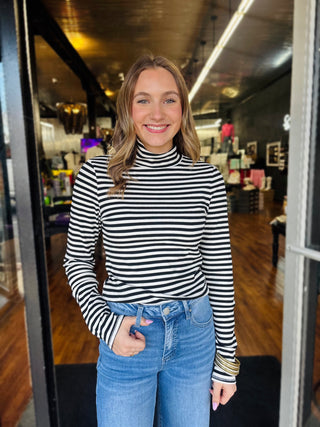 Black/ White Striped Long Sleeve Turtle Neck
