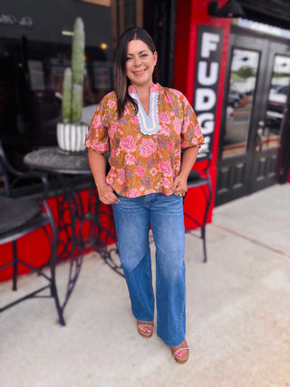 Pattern Floral V-Neck Blouse - THML