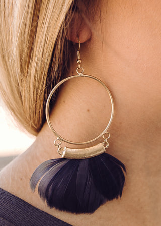 Grey Feather Gold Hoop Earring