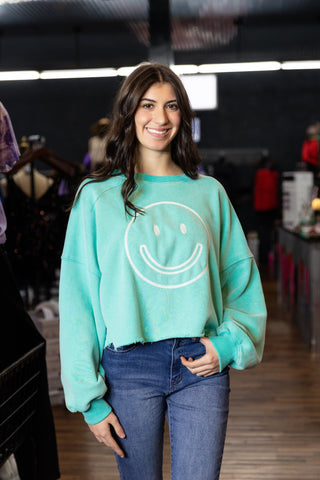 Happy Face Long Sleeve Knit Top - Mint